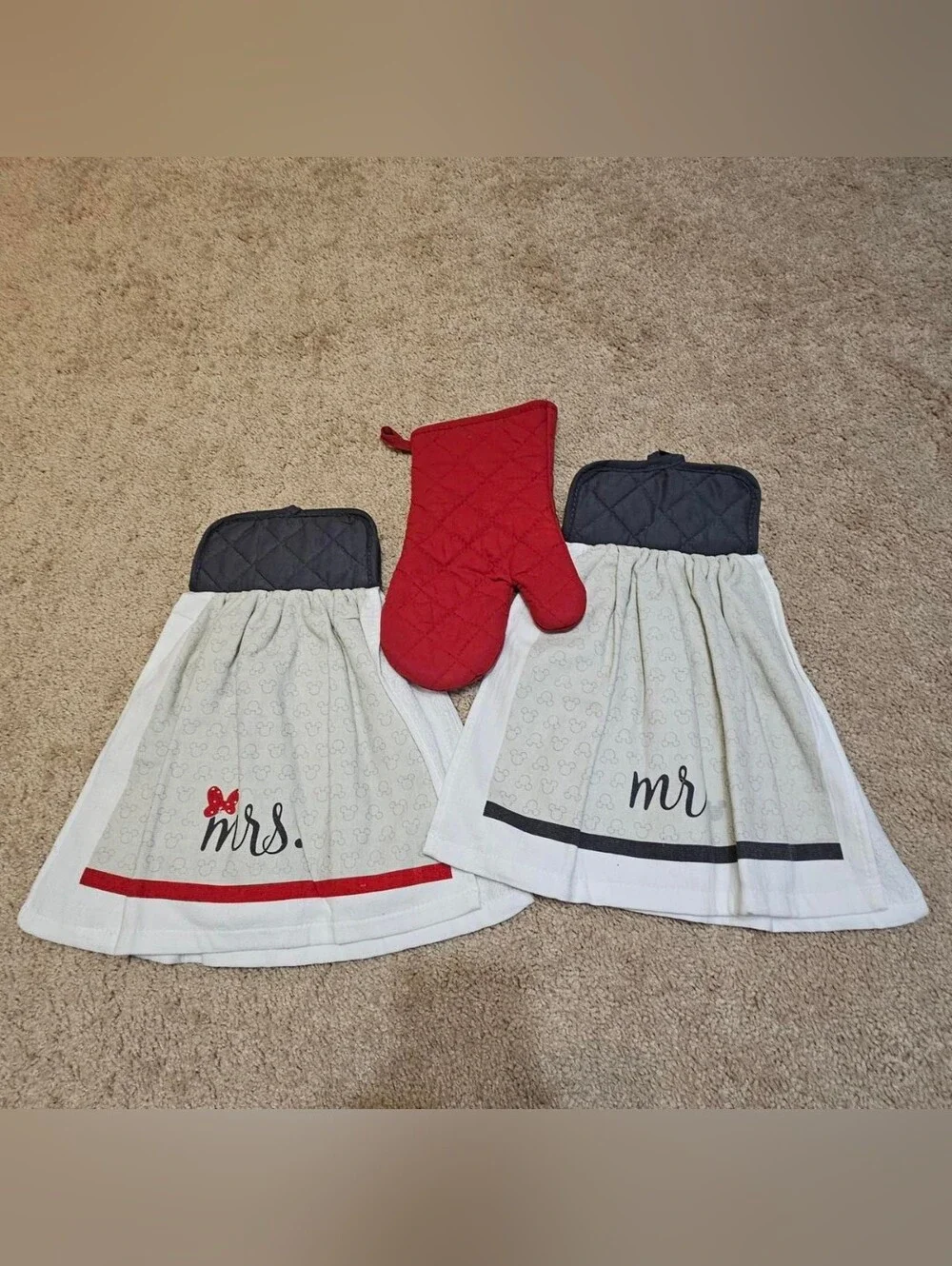 2 Handcrafted Potholders Attached To Towels | Grey, Beige, Red, White | Disney